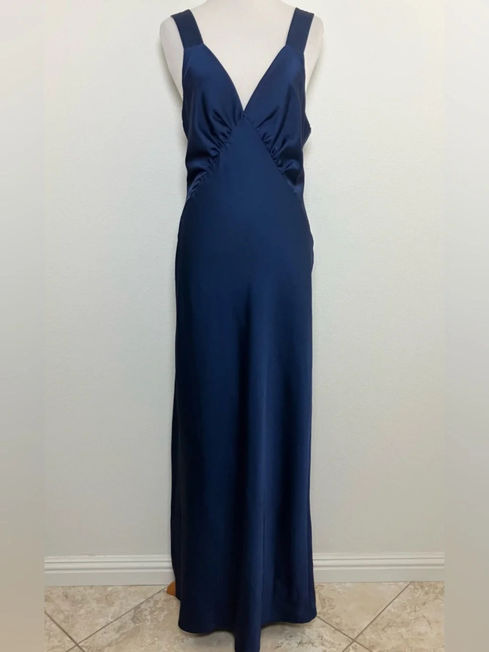 Satin Navy Blue V-Neck Maxi Dress with Wide Straps - Picture 9 of 11